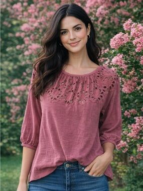 LOFT Dusty Rose Eyelet Blouse Boho Peasant Top XS